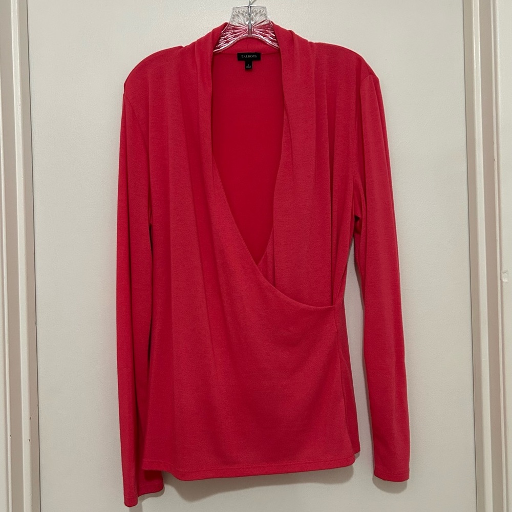 Talbots Asymmetrical Faux Wrap Long Sleeve Top V-neck Pullover Coral Sz L